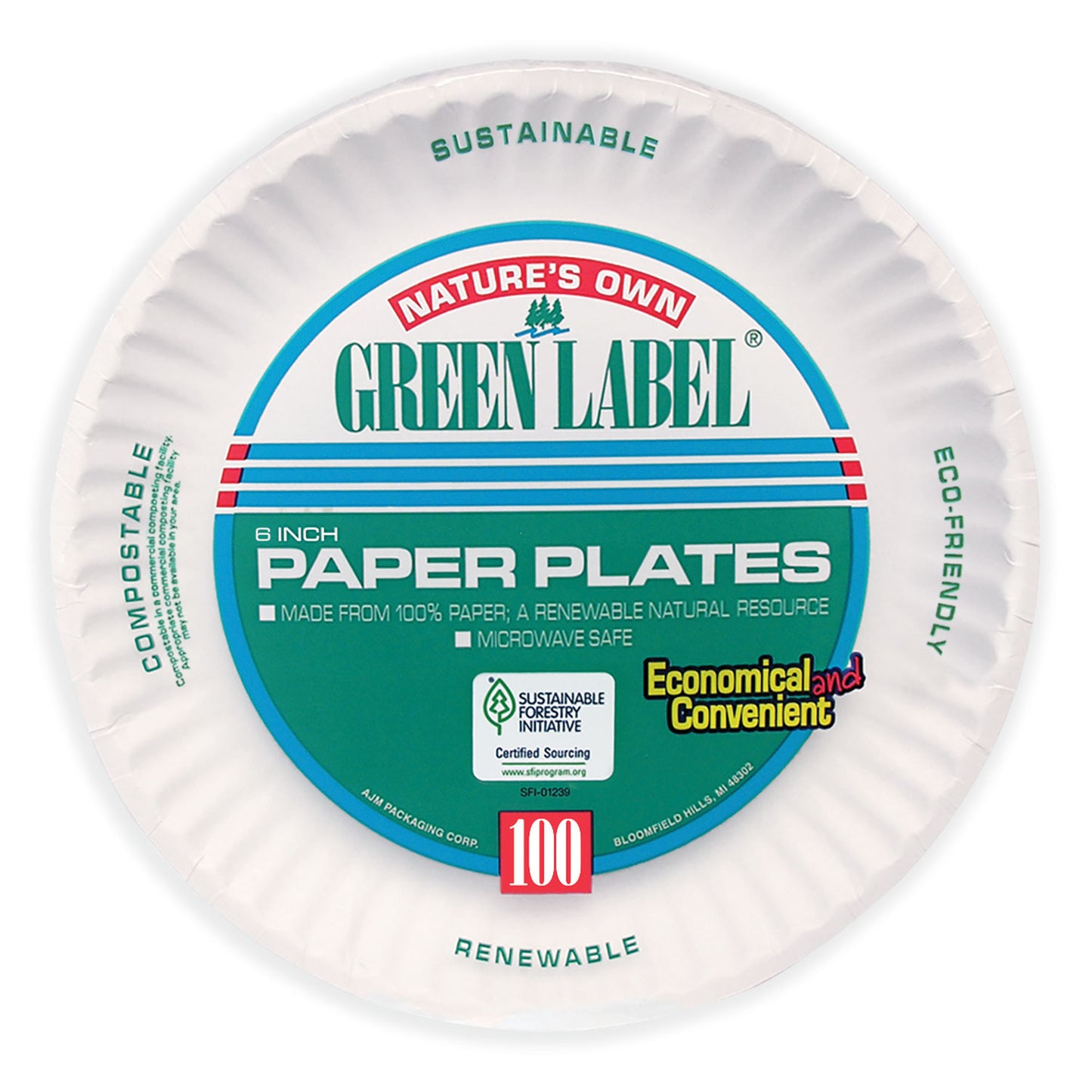 AJM White Paper Plates, 6" dia, 100/Pack, 10 Packs/Carton (PP6GREWH)