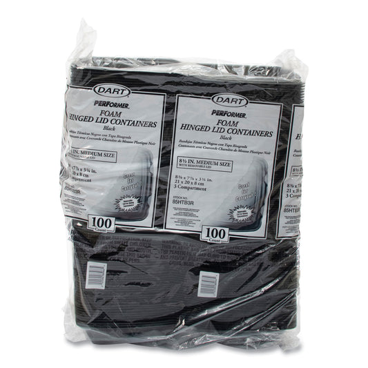 Dart Insulated Foam Hinged Lid Containers, 3 Compartments, 7.96 x 3.2 x 8.36, Black, Foam, 200/Carton (85HTB3R)