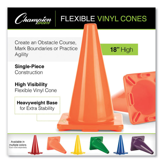Champion Sports Hi-Visibility Vinyl Cones, 18" Tall, Fluorescent Orange, 10.63" x 10.63" Base (C18OR)