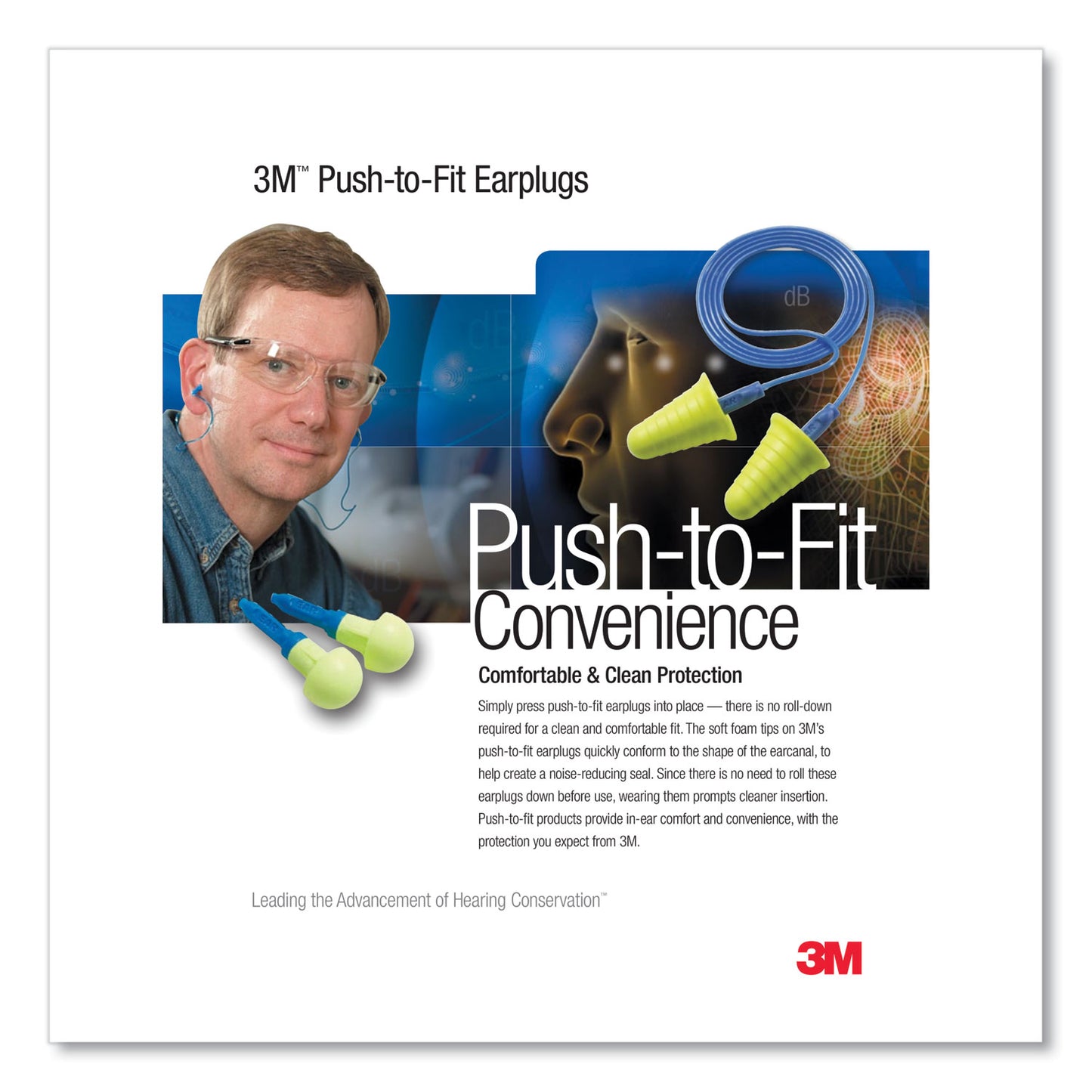 3M E-A-R Push-Ins Single-Use Earplugs, Metal Detectable, Corded, 28 dB NRR, Blue/Yellow, 200 Pairs (3183000)