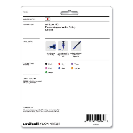 uni-ball VISION Needle Roller Ball Pen, Stick, Fine 0.7 mm, Assorted Ink and Barrel Colors, 8/Pack (1734916)