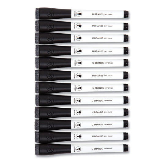 U Brands Medium Point Low-Odor Dry-Erase Markers with Erasers, Medium Bullet Tip, Black, Dozen (2922U0012)