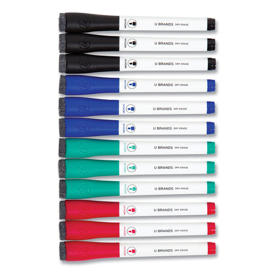 U Brands Medium Point Low-Odor Dry-Erase Markers with Erasers, Medium Bullet Tip, Assorted Colors, 12/Pack (3980U0012)
