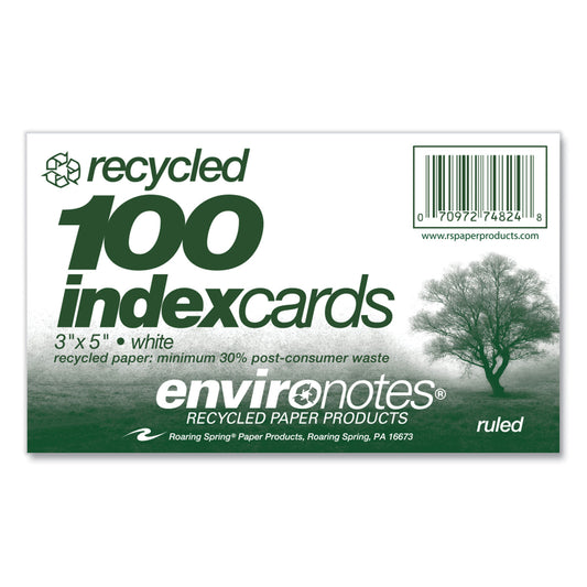 Roaring Spring Environotes Recycled Index Cards, Narrow Rule, 3 x 5 White, 100 Cards, 36/Carton (74824CS)