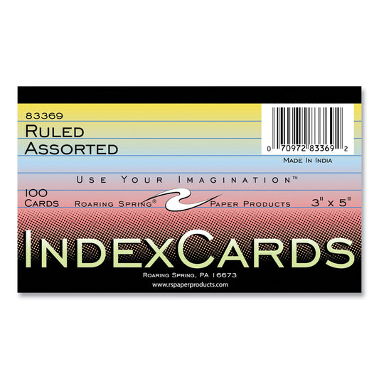 Roaring Spring Colored Index Cards, 3 x 5, Assorted Colors, 100/Pack, 36 Packs/Carton (83369CS)