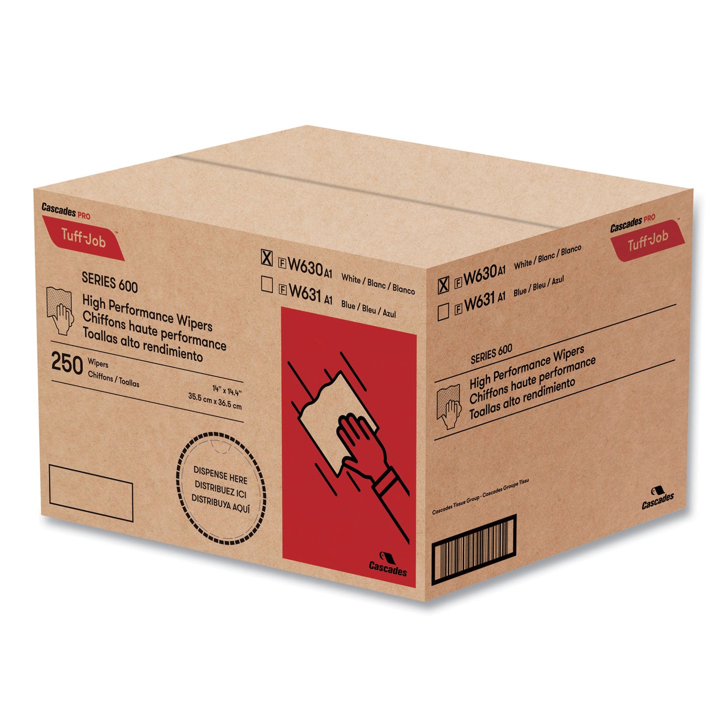 Cascades Tuff-Job Spunlace Towels, Crumple Pack, 14.38 x 14, White, 250/Carton (W630)