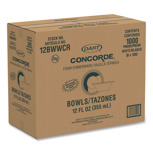 Dart Concorde Foam Bowl, 10, 12 oz, White, 125/Pack, 8 Packs/Carton (12BWWCR)