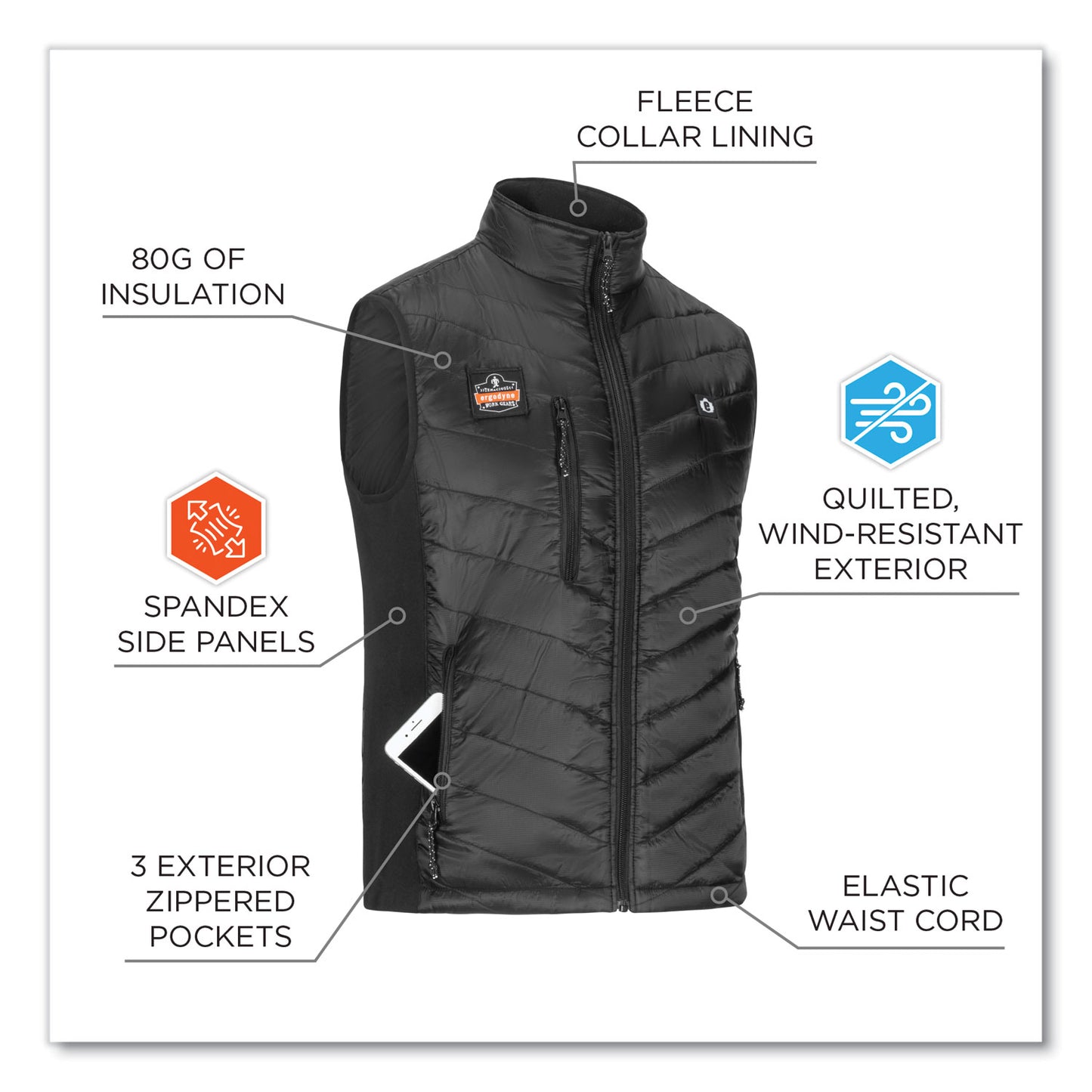 ergodyne N-Ferno 6495 Rechargeable Heated Vest with Batter Power Bank, Fleece/Polyester, Medium, Black (41702)