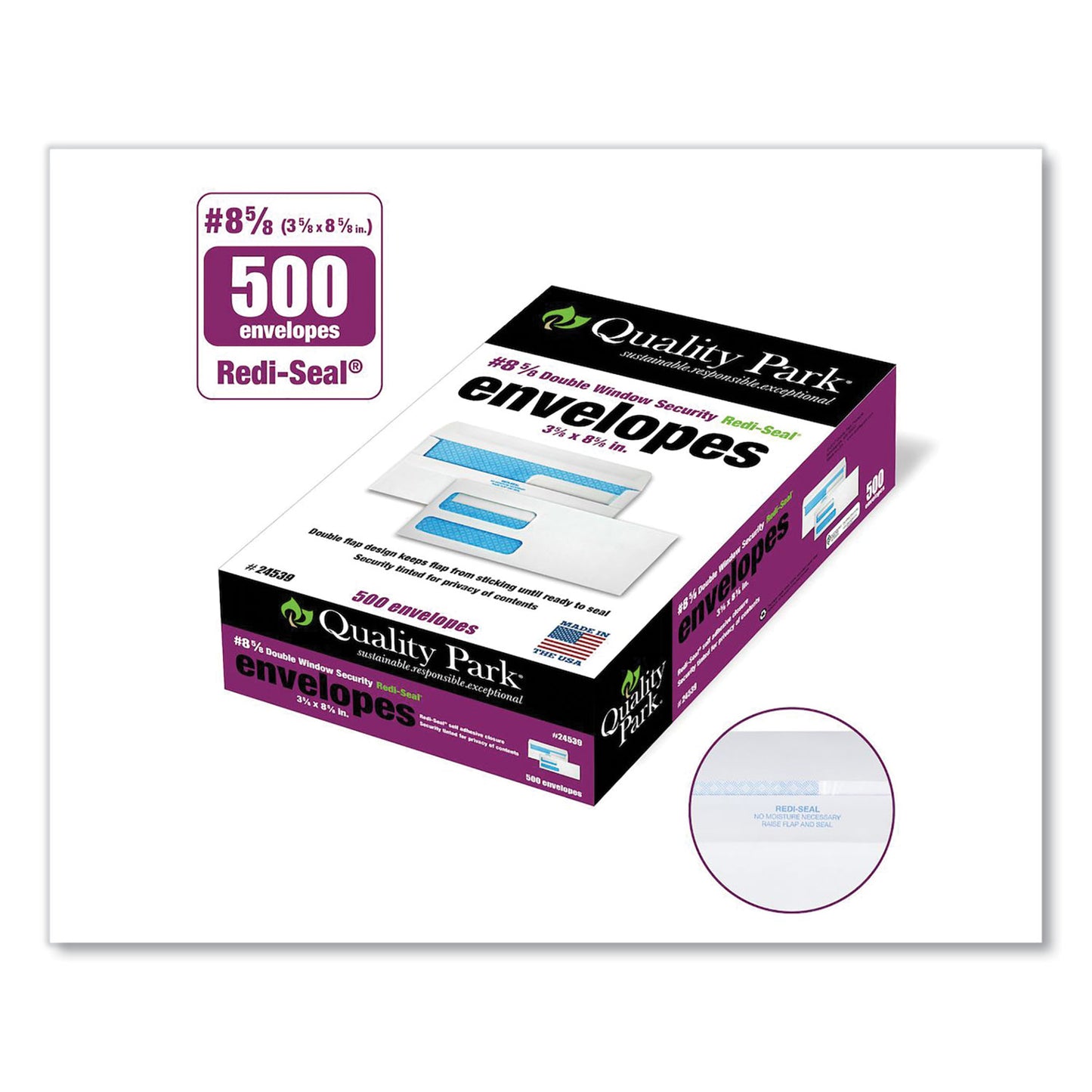 Quality Park Double Window Redi-Seal Security-Tinted Envelope, #8 5/8, Commercial Flap, Redi-Seal Closure, 3.63 x 8.63, White, 500/Box (24539)
