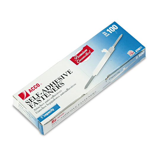 Acco Premium Self-Adhesive Two-Prong Paper Fastener Bases, 1" Capacity, 2.75" Center to Center, Silver, 100/Box (70011)