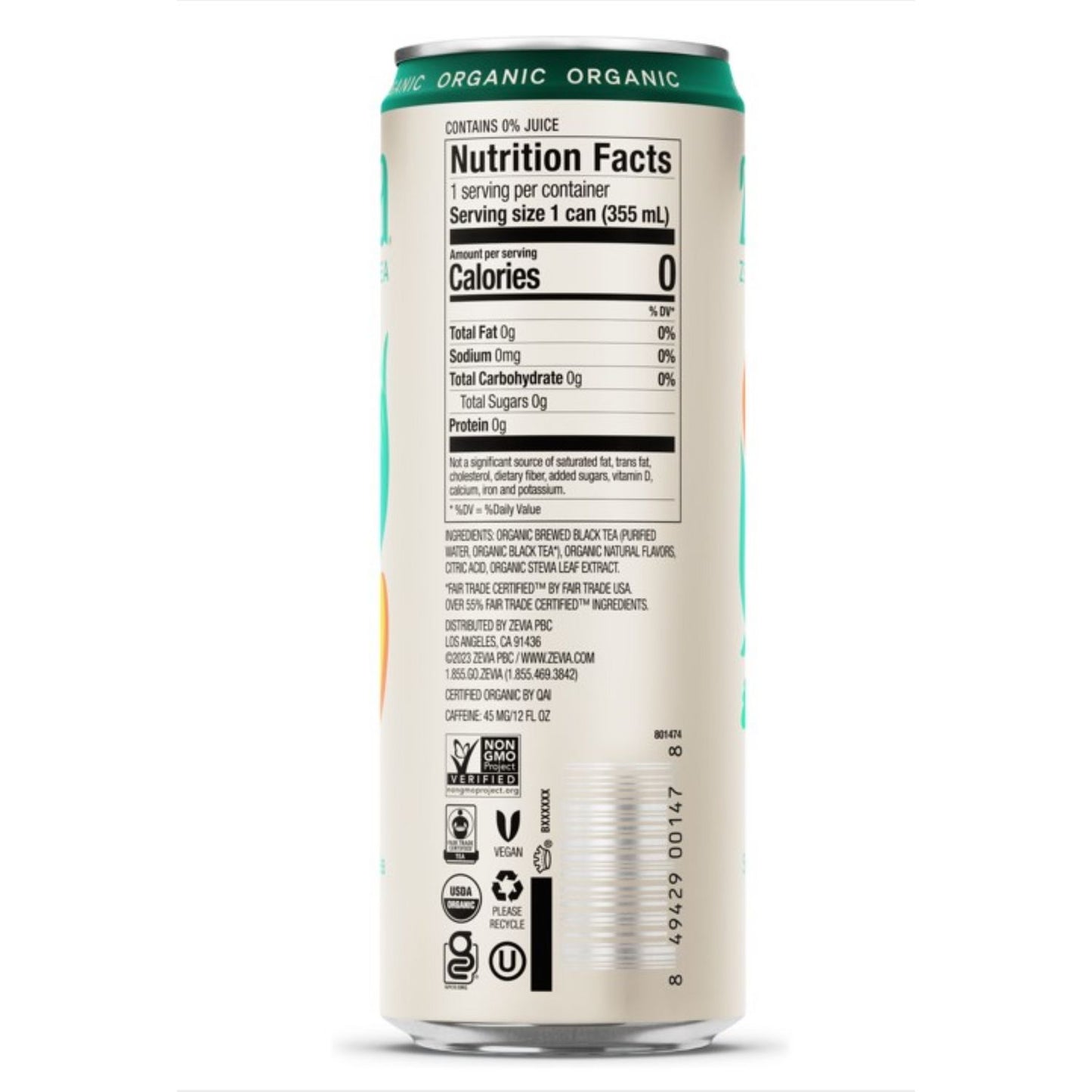 Zevia Zero Sugar Naturally Sweetened Black Tea, Peach, 12 oz Can, 12/Carton (0170412)