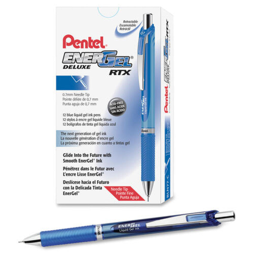 Pentel EnerGel RTX Gel Pen, Retractable, Medium 0.7 mm Needle Tip, Blue Ink, Blue/Light Blue Barrel (BLN77C)