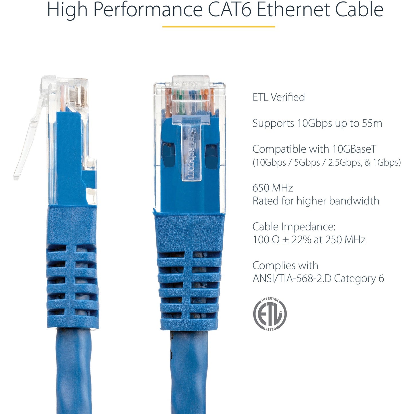 StarTech 2ft Cat6 Ethernet Cable Blue Cat 6 Poe (C6PATCH2BL)