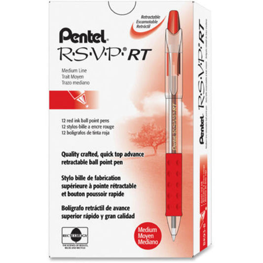 Pentel R.S.V.P. RT Ballpoint Pen, Retractable, Medium 1 mm, Red Ink, Clear Barrel, Dozen (BK93B)