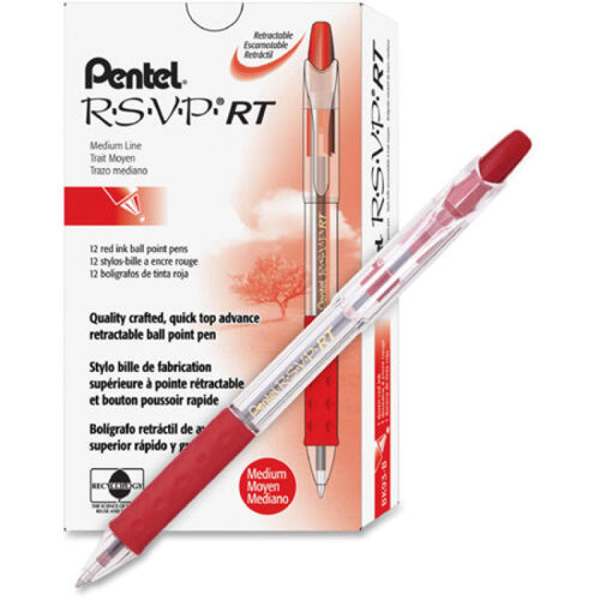 Pentel R.S.V.P. RT Ballpoint Pen, Retractable, Medium 1 mm, Red Ink, Clear Barrel, Dozen (BK93B)