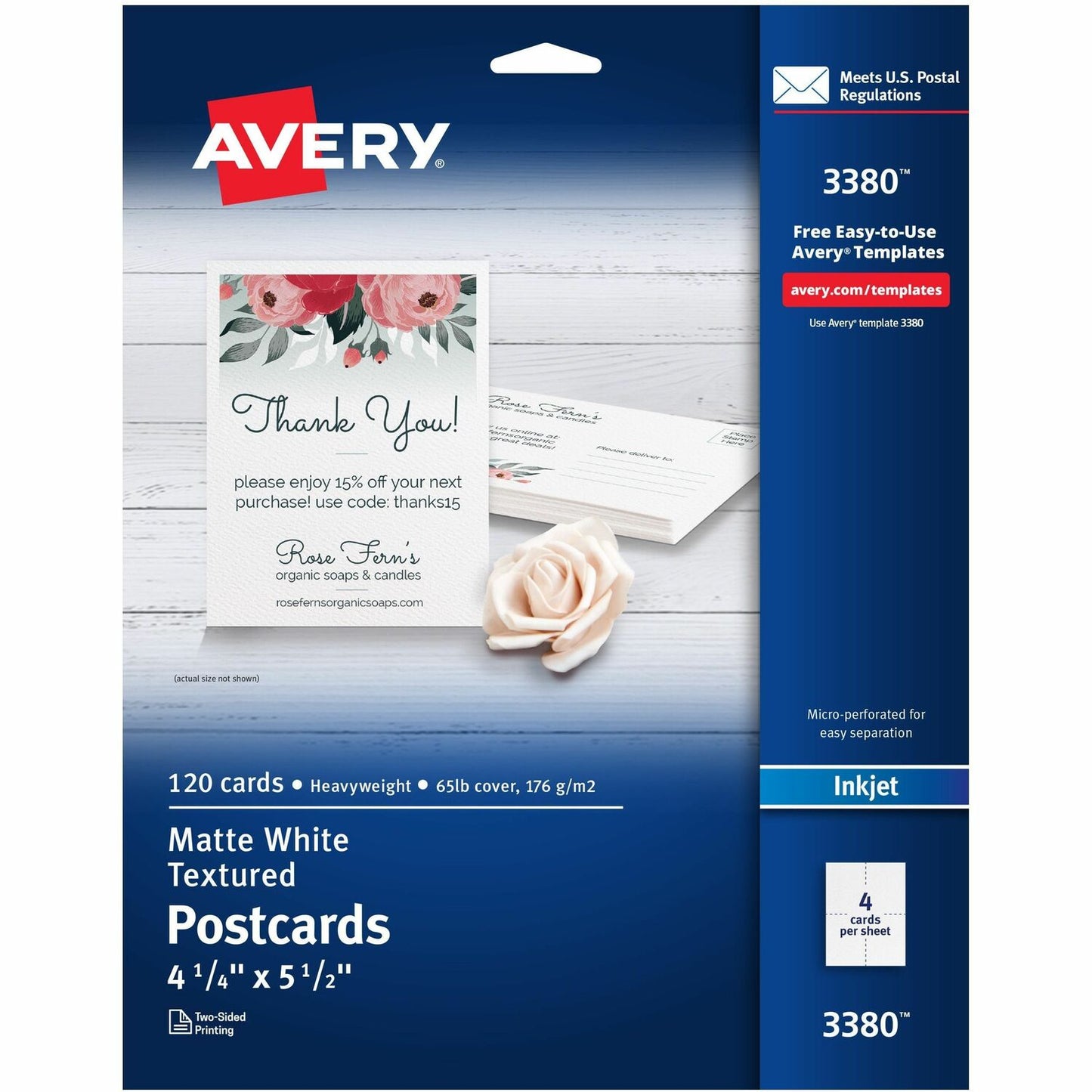 Avery(R) Printable Postcards, 4.25" x 5.5" , Textured White, 120 Blank Postcards for Inkjet and laser Printers (3380) (03380)