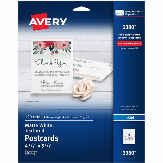 Avery(R) Printable Postcards, 4.25" x 5.5" , Textured White, 120 Blank Postcards for Inkjet and laser Printers (3380) (03380)