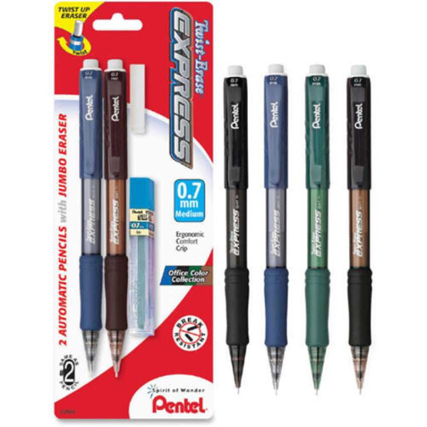 Pentel Twist-Erase EXPRESS Mechanical Pencils with Tube of Lead/Eraser, 0.7 mm, HB (#2), Black Lead, Assorted Barrel Colors, 2/Pack (QE417LEBP2)