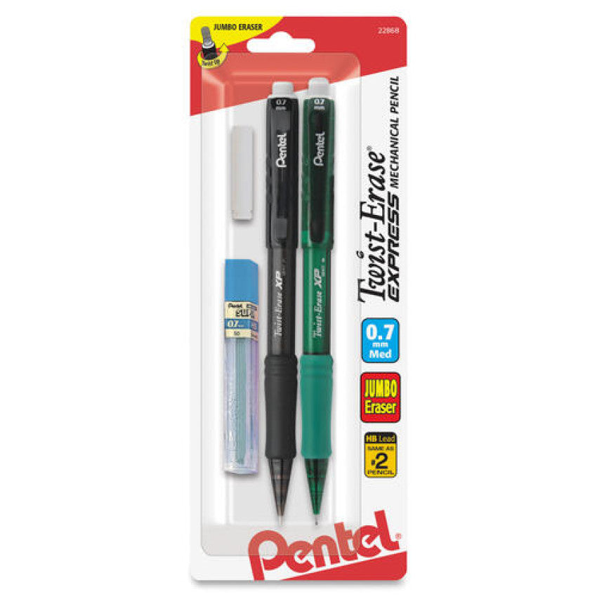 Pentel Twist-Erase EXPRESS Mechanical Pencils with Tube of Lead/Eraser, 0.7 mm, HB (#2), Black Lead, Assorted Barrel Colors, 2/Pack (QE417LEBP2)