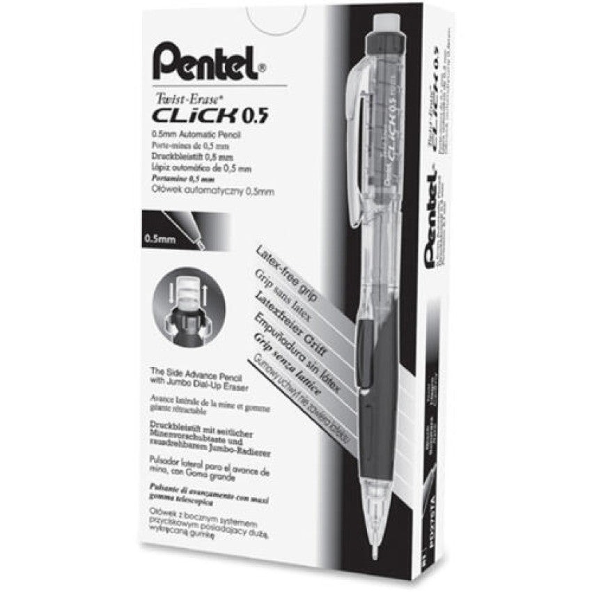 Pentel Twist-Erase CLICK Mechanical Pencil, 0.5 mm, HB (#2), Black Lead, Black Barrel (PD275TA)