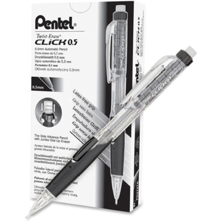 Pentel Twist-Erase CLICK Mechanical Pencil, 0.5 mm, HB (#2), Black Lead, Black Barrel (PD275TA)