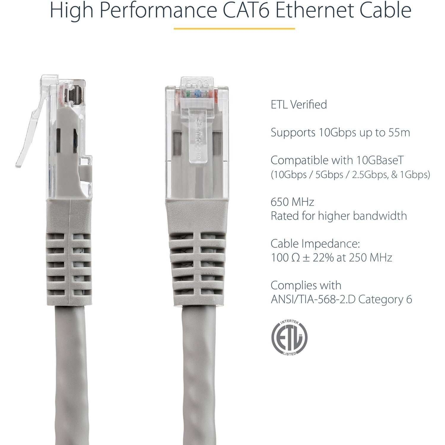 StarTech 10ft Cat6 Ethernet Cable Gray Cat 6 Poe (C6PATCH10GR)