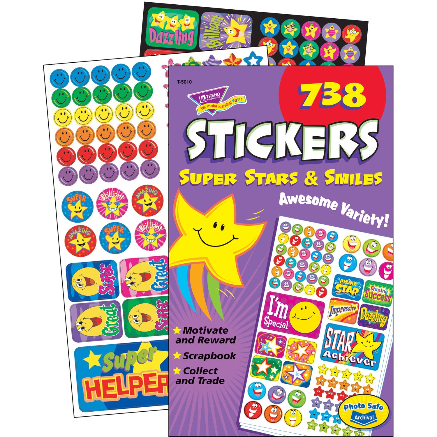TREND Sticker Assortment Pack, Super Smiles and Stars, Assorted Colors, 738 Stickers/Pad (T5010)