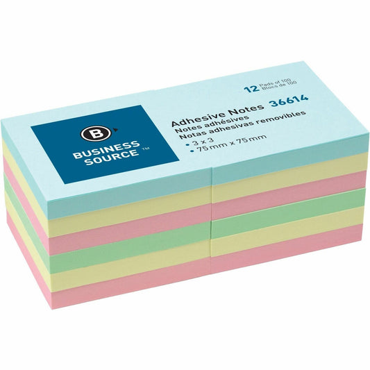 Business Source 3" Plain Pastel Colors Adhesive Notes (36614)