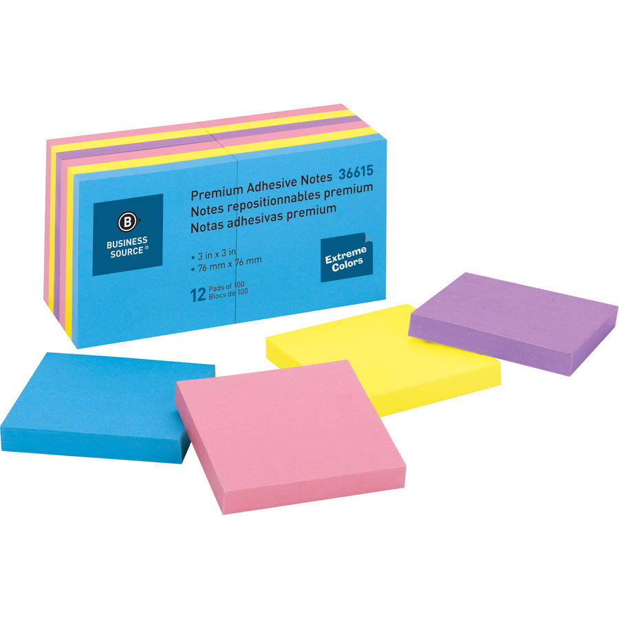 Business Source 3x3 Extreme Colors Adhesive Notes (36615)