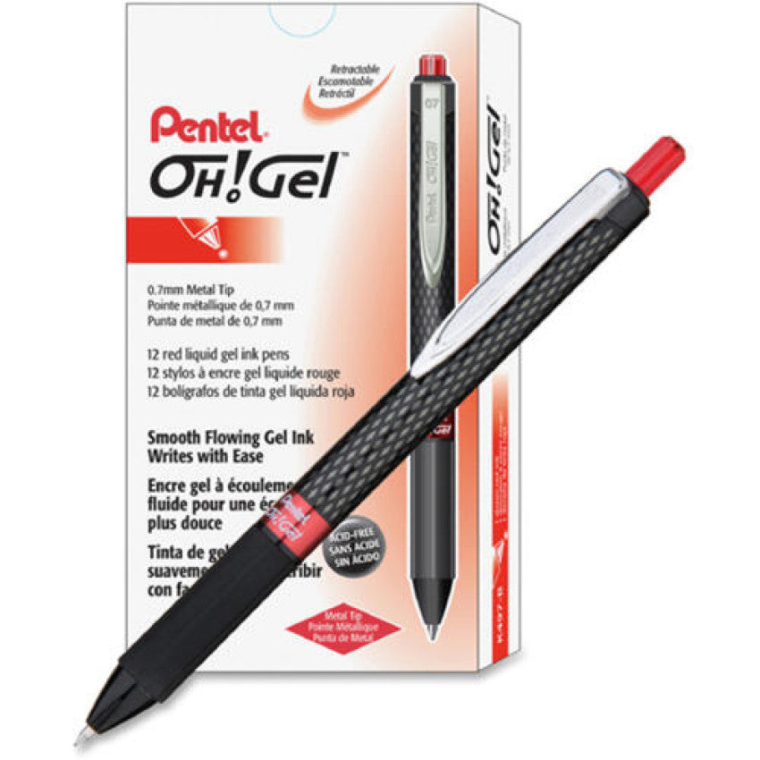 Pentel Oh! Gel Pen, Retractable, Medium 0.7 mm, Red Ink, Black Barrel, Dozen (K497B)