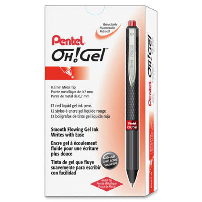 Pentel Oh! Gel Pen, Retractable, Medium 0.7 mm, Red Ink, Black Barrel, Dozen (K497B)