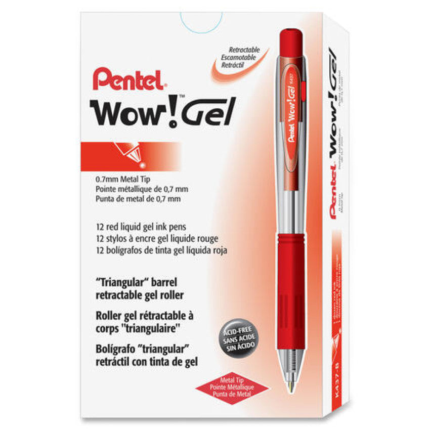 Pentel WOW! Gel Pen, Retractable, Medium 0.7 mm, Red Ink, Clear/Red Barrel, Dozen (K437B)