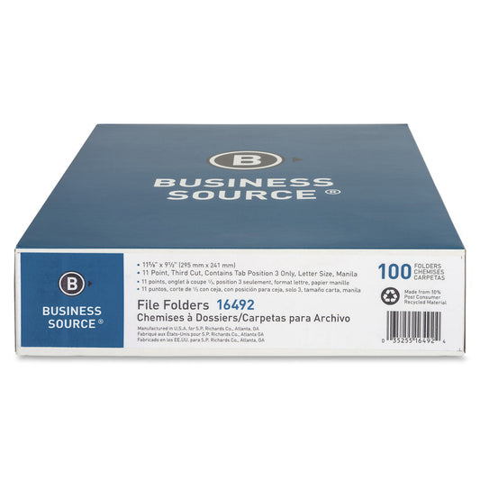 Business Source 1/3 Tab Cut Letter Recycled Top Tab File Folder (16492)