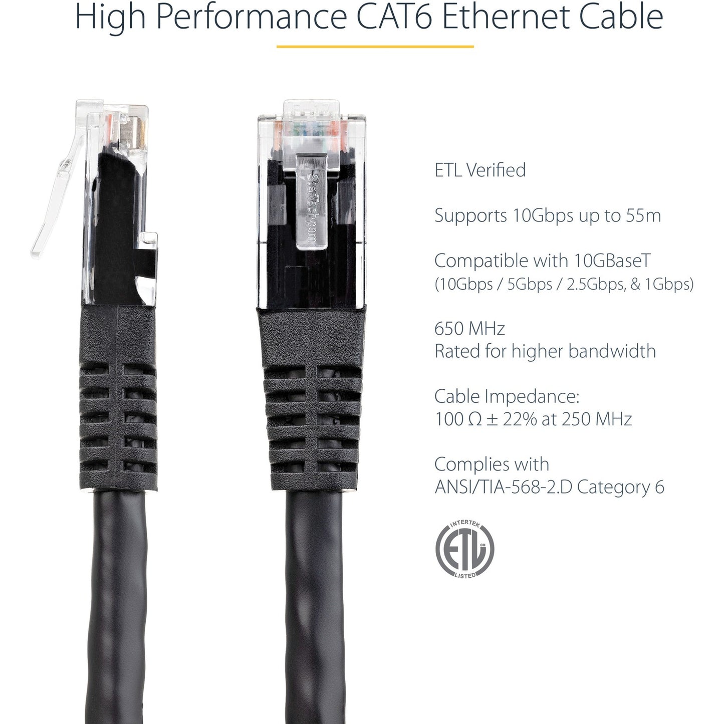 StarTech 2ft Cat6 Ethernet Cable Black Cat 6 Poe (C6PATCH2BK)