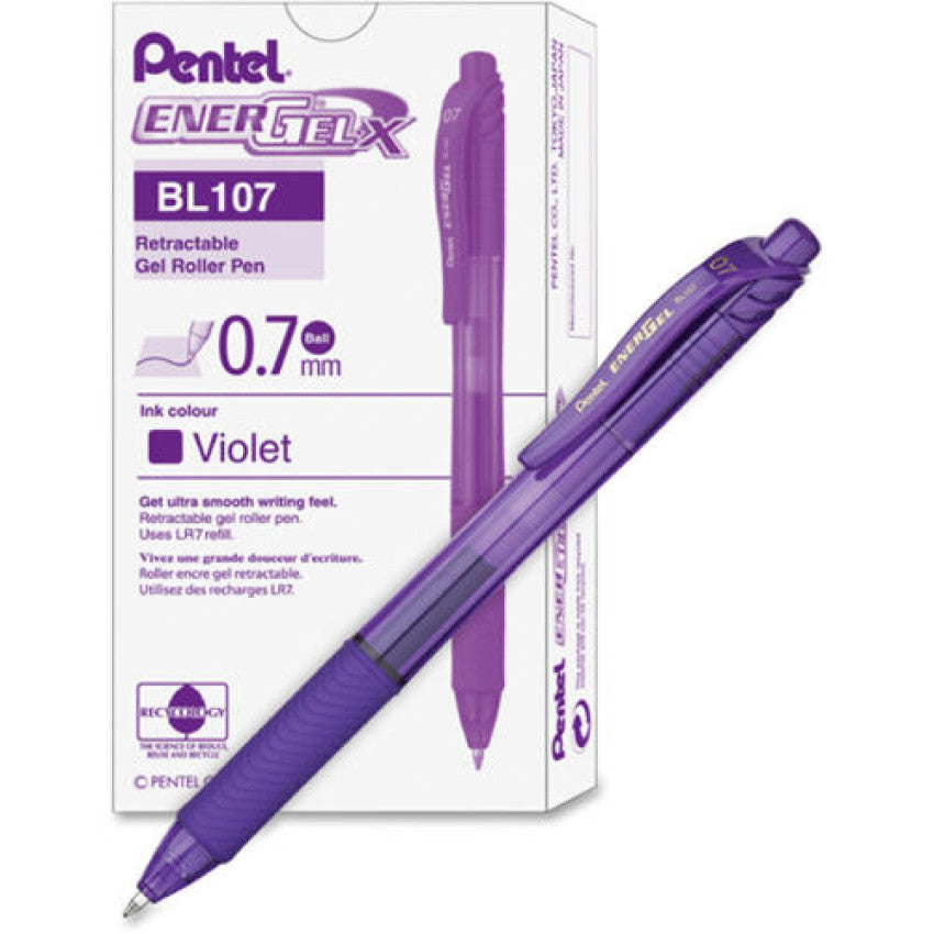 Pentel EnerGel-X Gel Pen, Retractable, Medium 0.7 mm, Violet Ink, Translucent Violet/Violet Barrel, Dozen (BL107V)