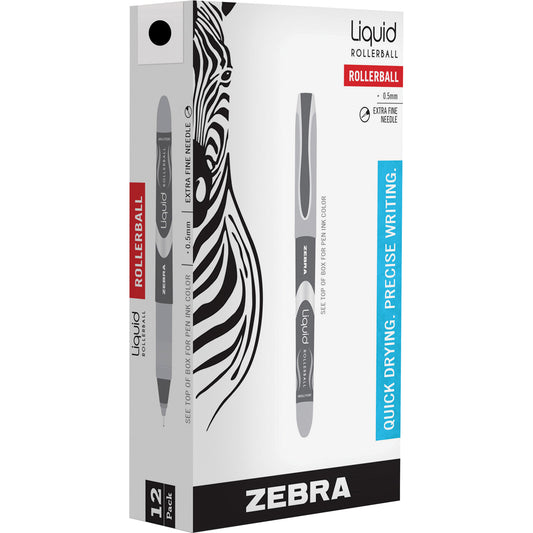 Zebra Liquid Ink Roller Ball Pen, Stick, Extra-Fine 0.5 mm, Black Ink, Black/Silver Barrel, 12/Pack (44410)