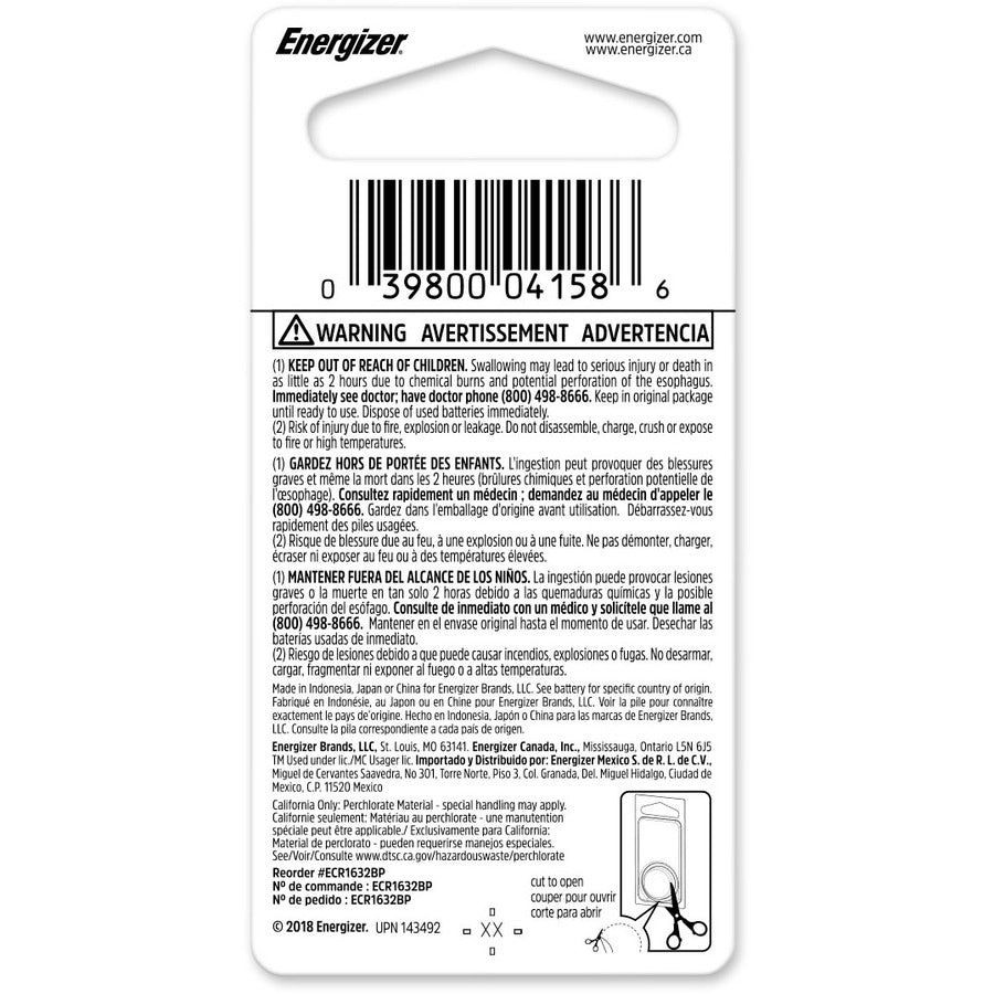 Energizer 1632 Lithium Coin Battery, 1 Pack (ECR1632BP)