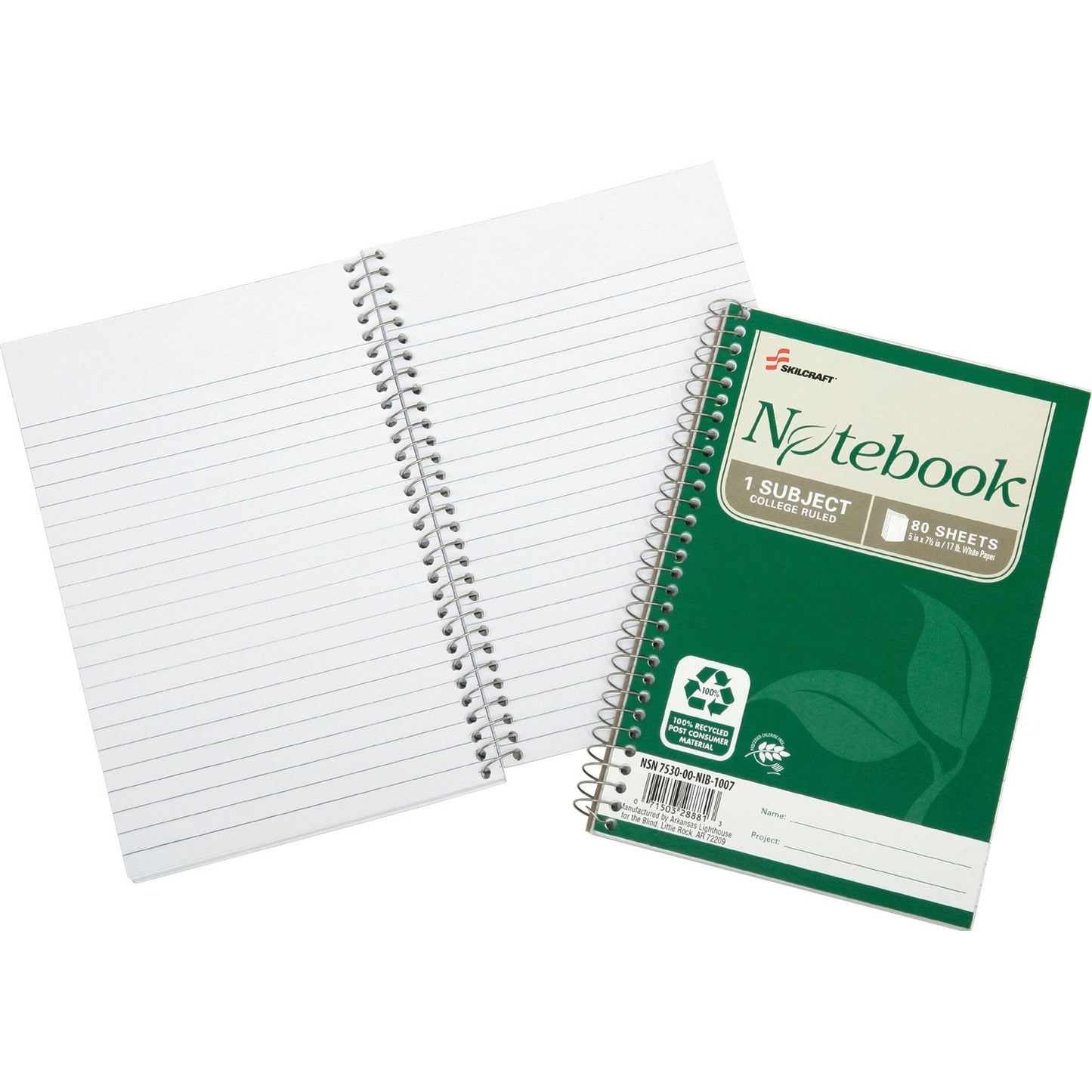 AbilityOne 7530016002013 SKILCRAFT Recycled Notebook, 1 Subject, Medium/College Rule, Green Cover, 7.5 x 5, 80 Sheets, 6/Pack