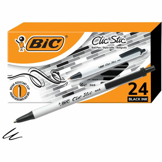 BIC Clic Stic Fashion Retractable Ball Point Pen, Black, 24 Pack (CSM241BLK)