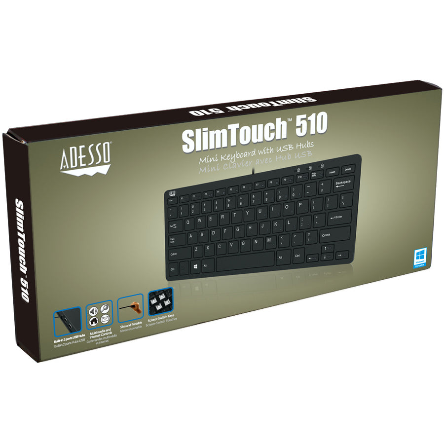 Adesso Slimtouch Mini Usb Keyboard W/ 2 Usb Hub (AKB510HB)