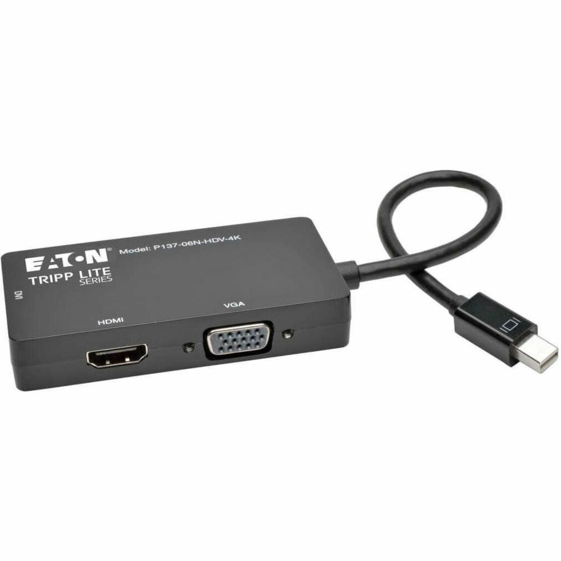 Eaton Tripp Lite Series Keyspan Mini DisplayPort to VGA/DVI/HDMI All-in-One Video Converter Adapter, 4K 30Hz HDMI, DP1.2, Black, 6-in. (15.24 cm) (P13706NHDV4K)