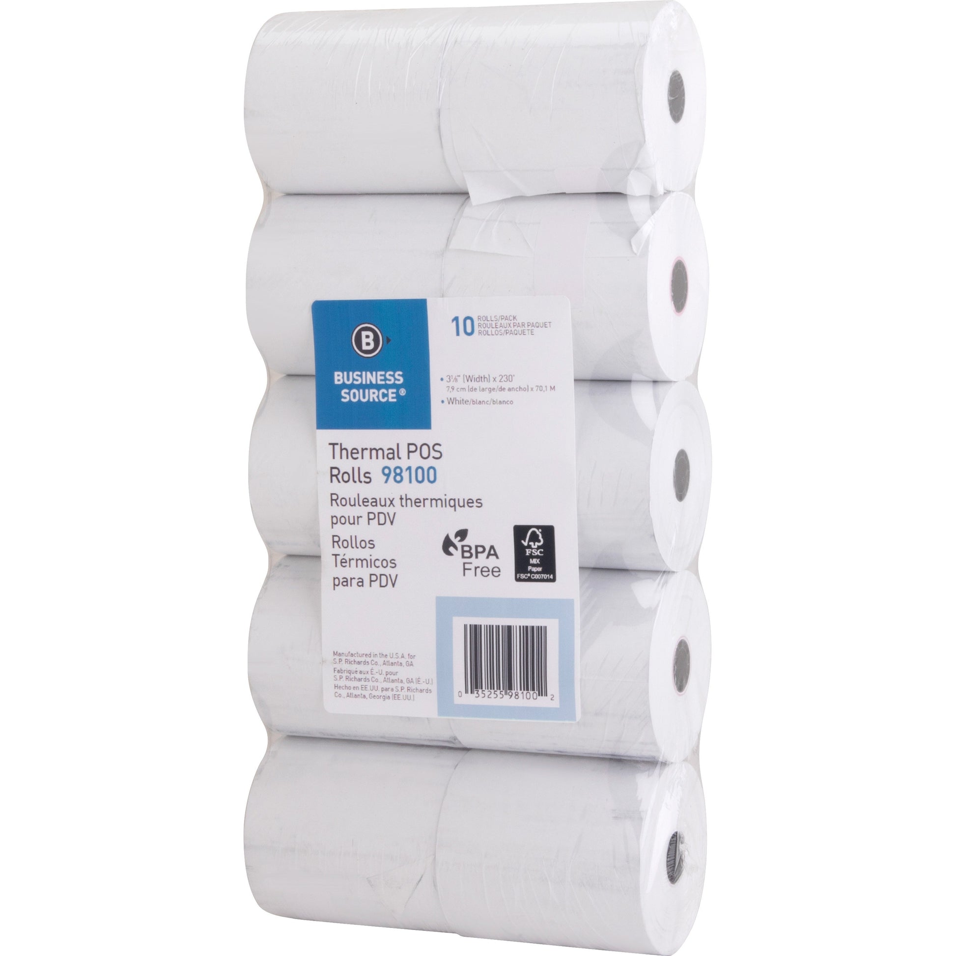 Business Source 3-1/8"x230' POS Receipt Thermal Rolls (98100)