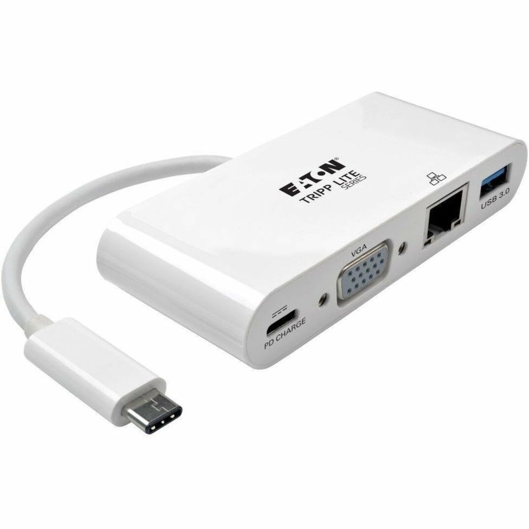 Eaton Tripp Lite Series USB-C Multiport Adapter, VGA, USB 3.x (5Gbps) Hub Port, Gigabit Ethernet and 60W PD Charging, White (U44406NVGUC)