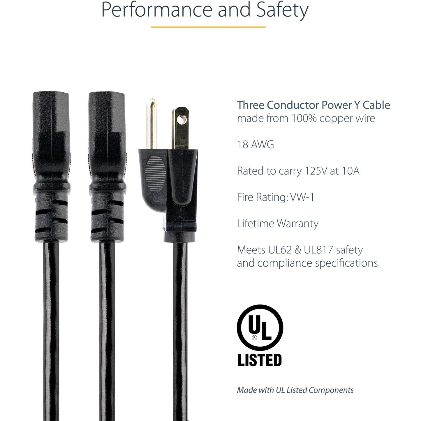 StarTech 10ft Power Y Cord, Nema 5-15p To 2x C13 (PXT101Y10)