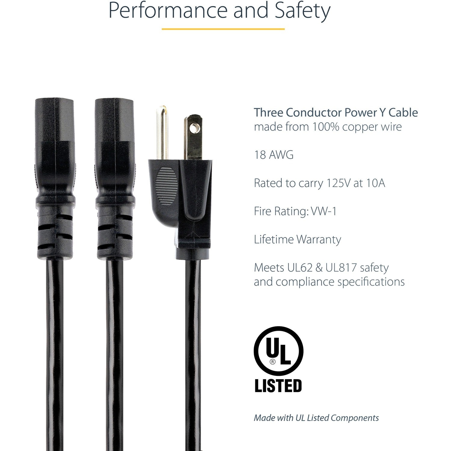 StarTech 10ft Power Y Cord, Nema 5-15p To 2x C13 (PXT101Y10)