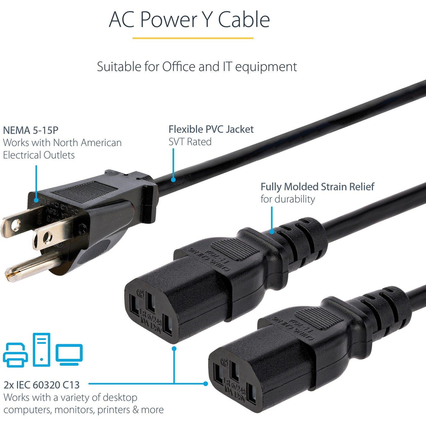StarTech 10ft Power Y Cord, Nema 5-15p To 2x C13 (PXT101Y10)