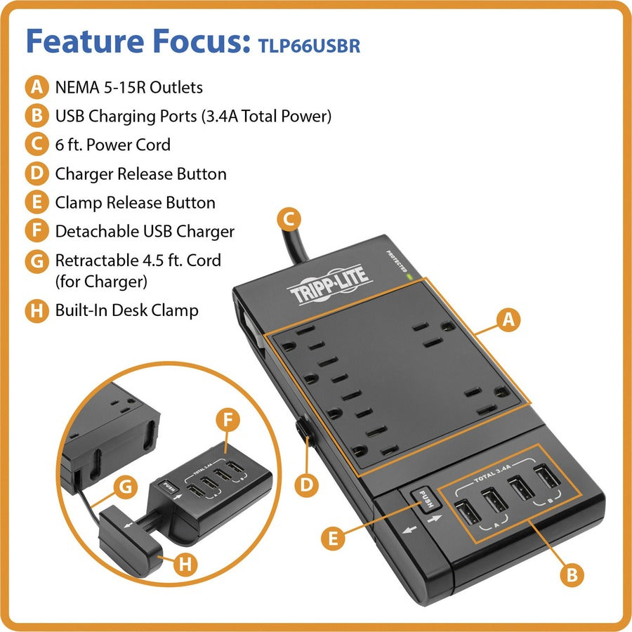 Tripp Lite by Eaton Protect It! 6-Outlet Surge Protector, 4 USB Ports, 6 ft. Cord, 1080 Joules, Diagnostic LED, Black Housing (TLP66USBR)