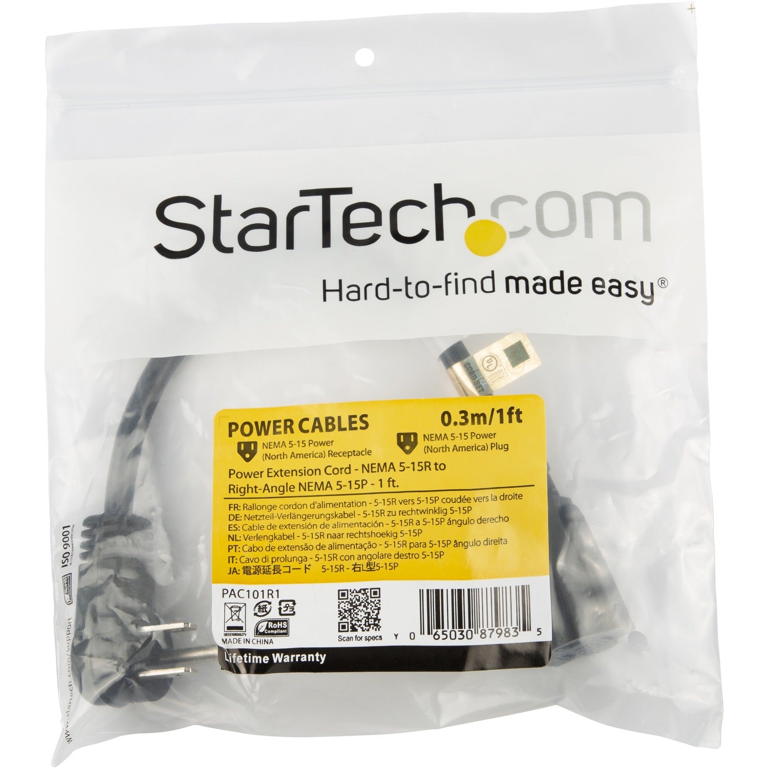 StarTech 1ft Power Extension Cord 5-15p To 5-15r (PAC101R1)