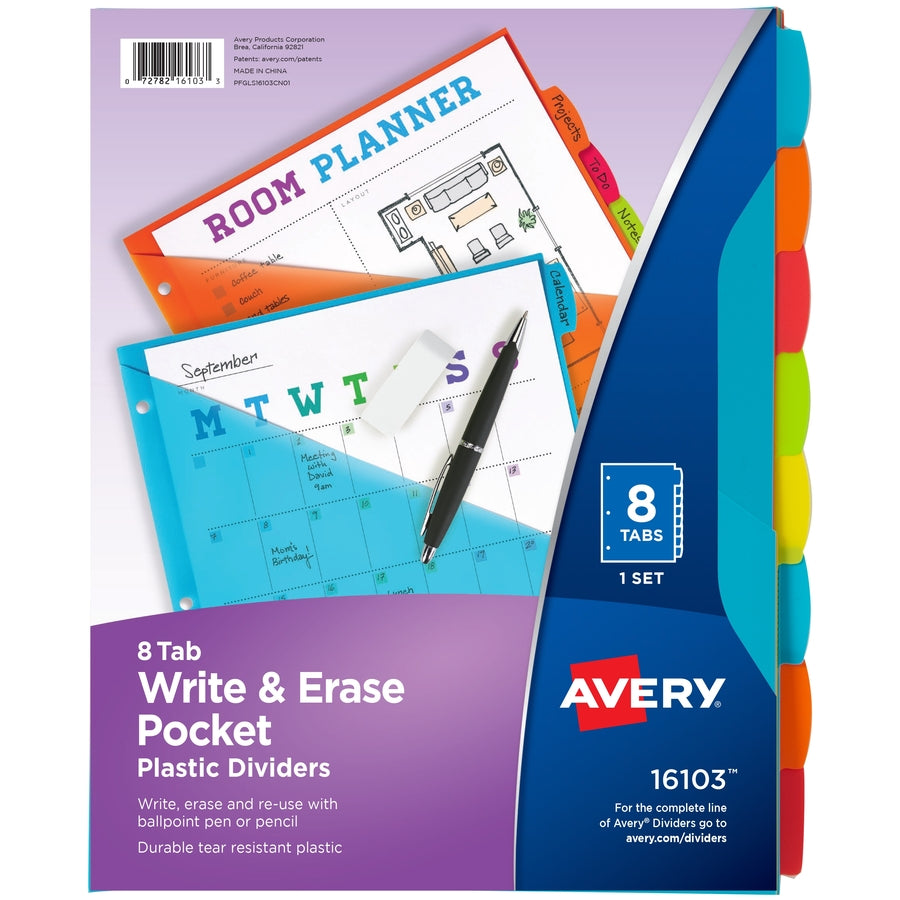 Avery Write & Erase 8-Tab Plastic Dividers, Pockets, Brights (16103)