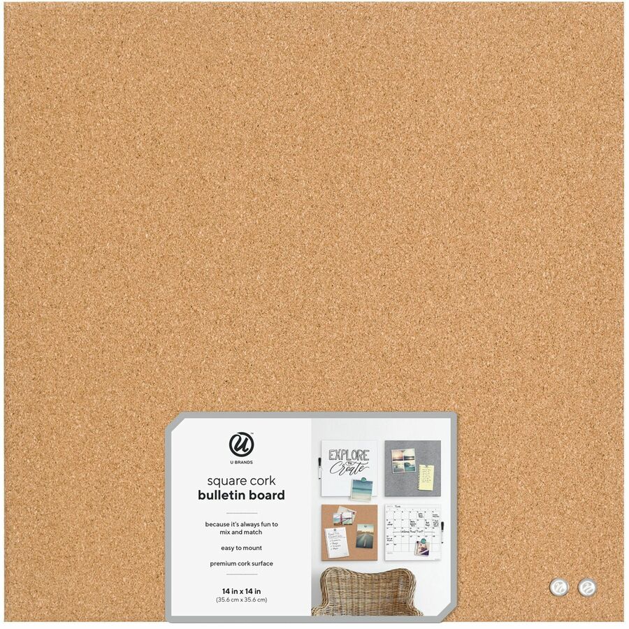 U Brands Square Cork Bulletin Board, 14 x 14 Inches, Frameless, Natural, Push Pins Included (463U00-04)